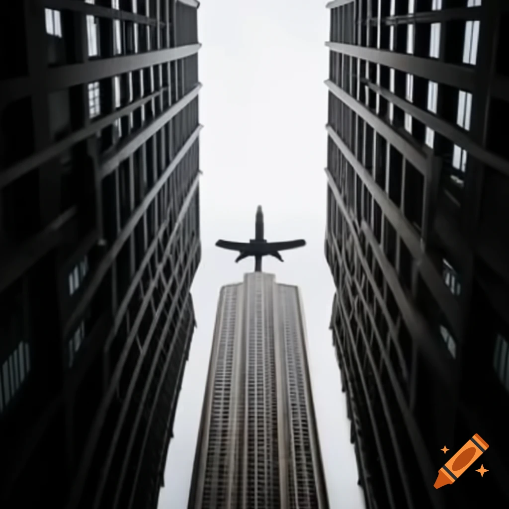 Plane approaching a tall building