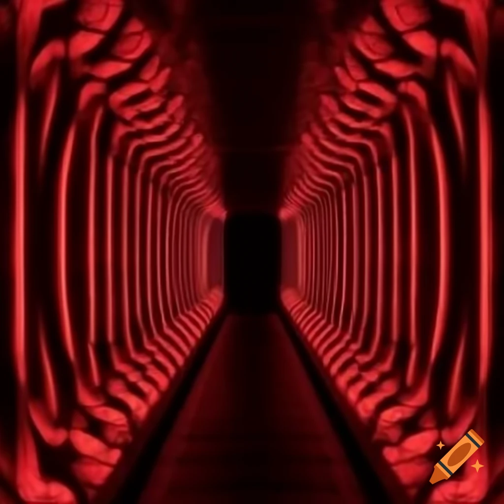 Seamless red and black textured pattern casting shadows in damp dungeon hallway
