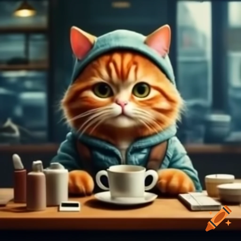 Whimsical orange cat in cute clothing working at coffee shop