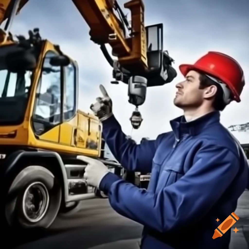 Man in red helmet inspecting a mobile crane