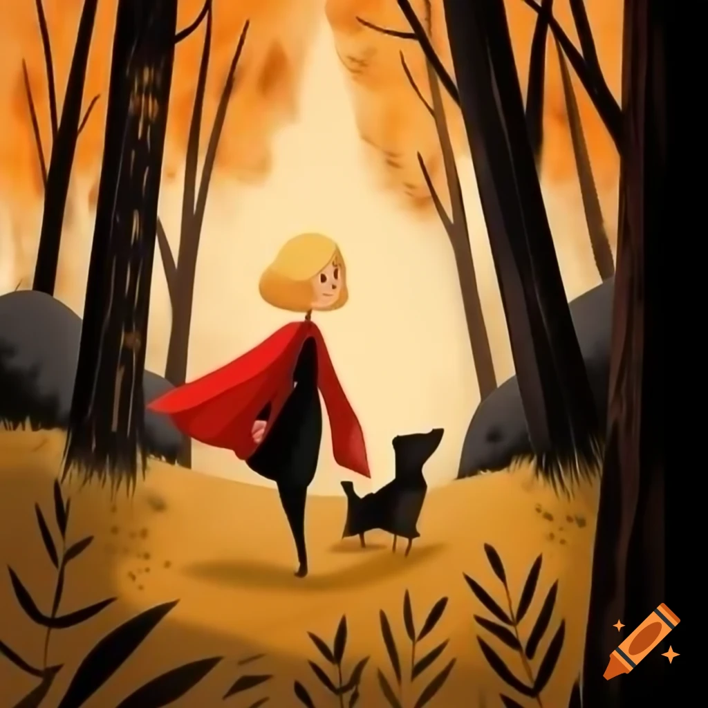 Short woman in red cape walking with black dog in autumn forest
