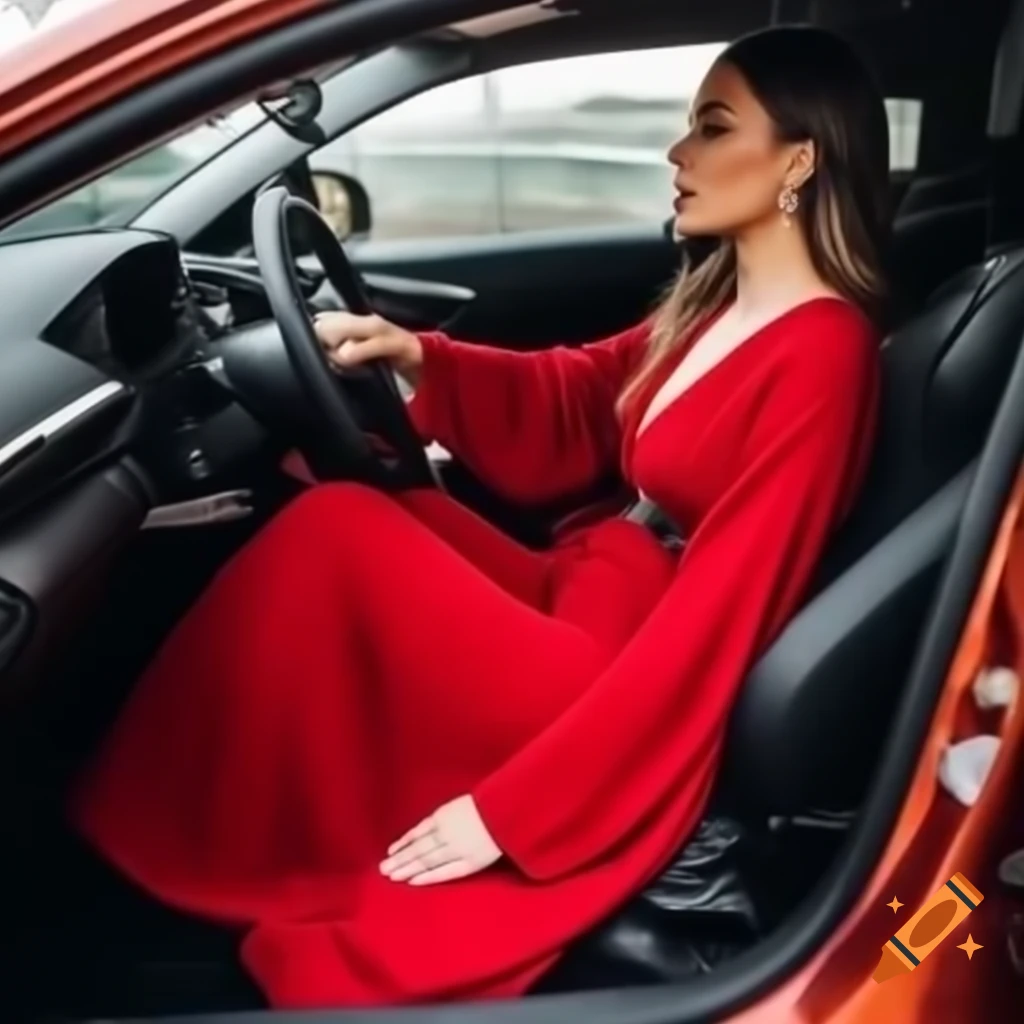 Woman in red dress driving convertible seen from passenger door