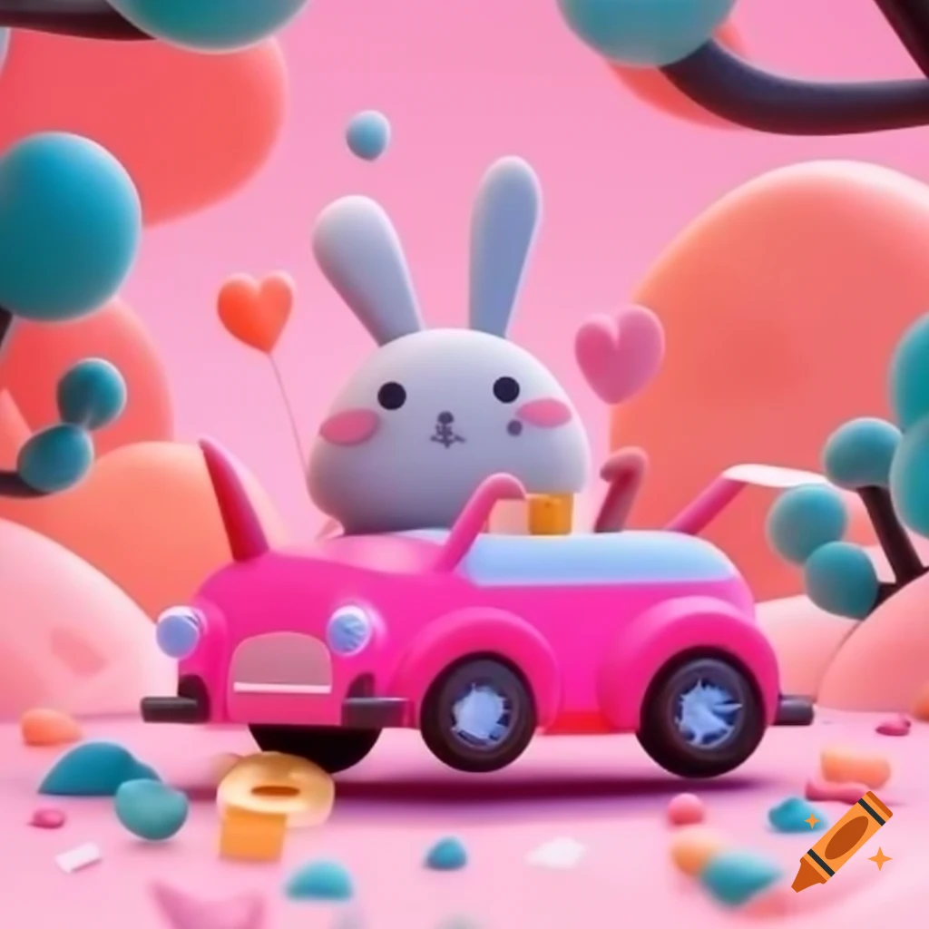 Pink fantasy car with gray rabbit eating carrot