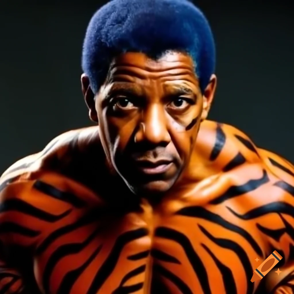 Muscular figure with tiger-style makeup, blue hair, and orange skin with black stripes