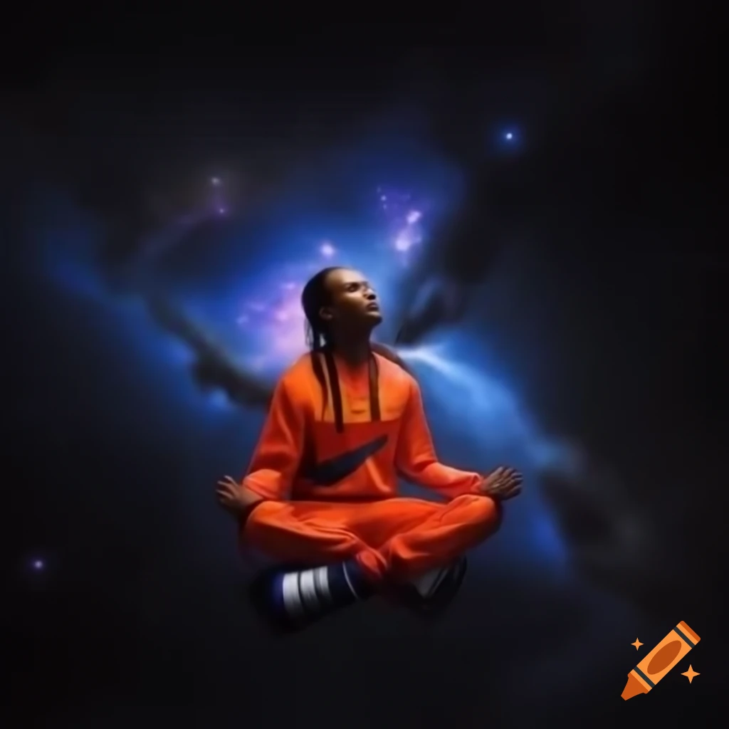 Cosmic visionary in vibrant Nike tracksuit meditating in space, overlooking Earth