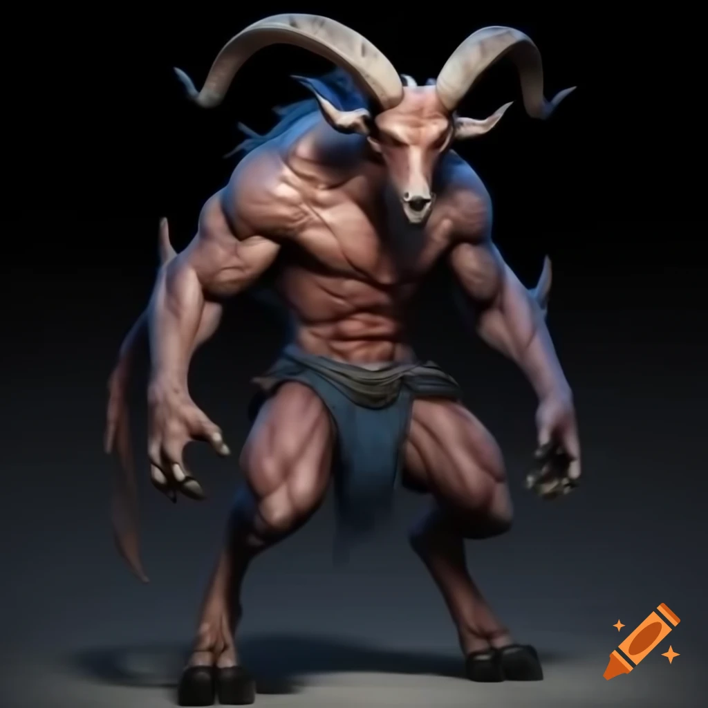 Powerful goat-headed demon with large horns and muscular legs in a standing posture
