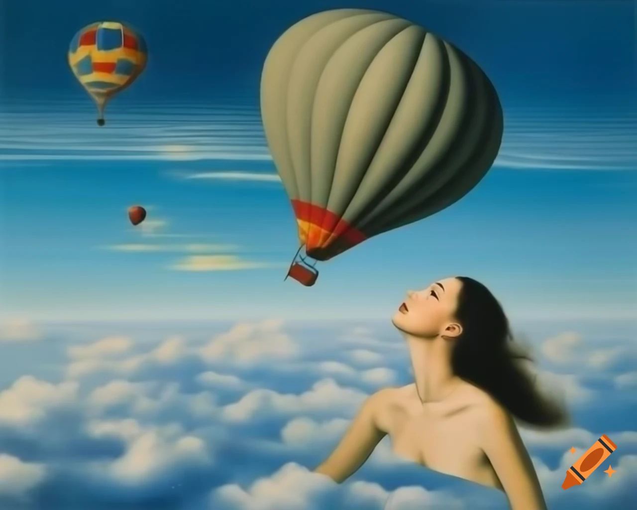 Surreal painting of woman in clouds with hot air balloon inspired by Salvador Dali