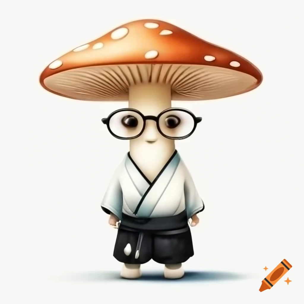 Smiling brown mushroom in kimono and hakama wearing glasses