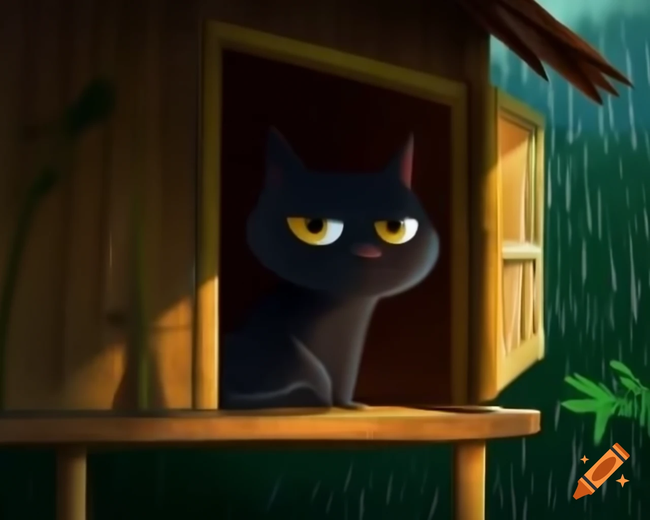Black cat in bamboo house observing rain outdoors