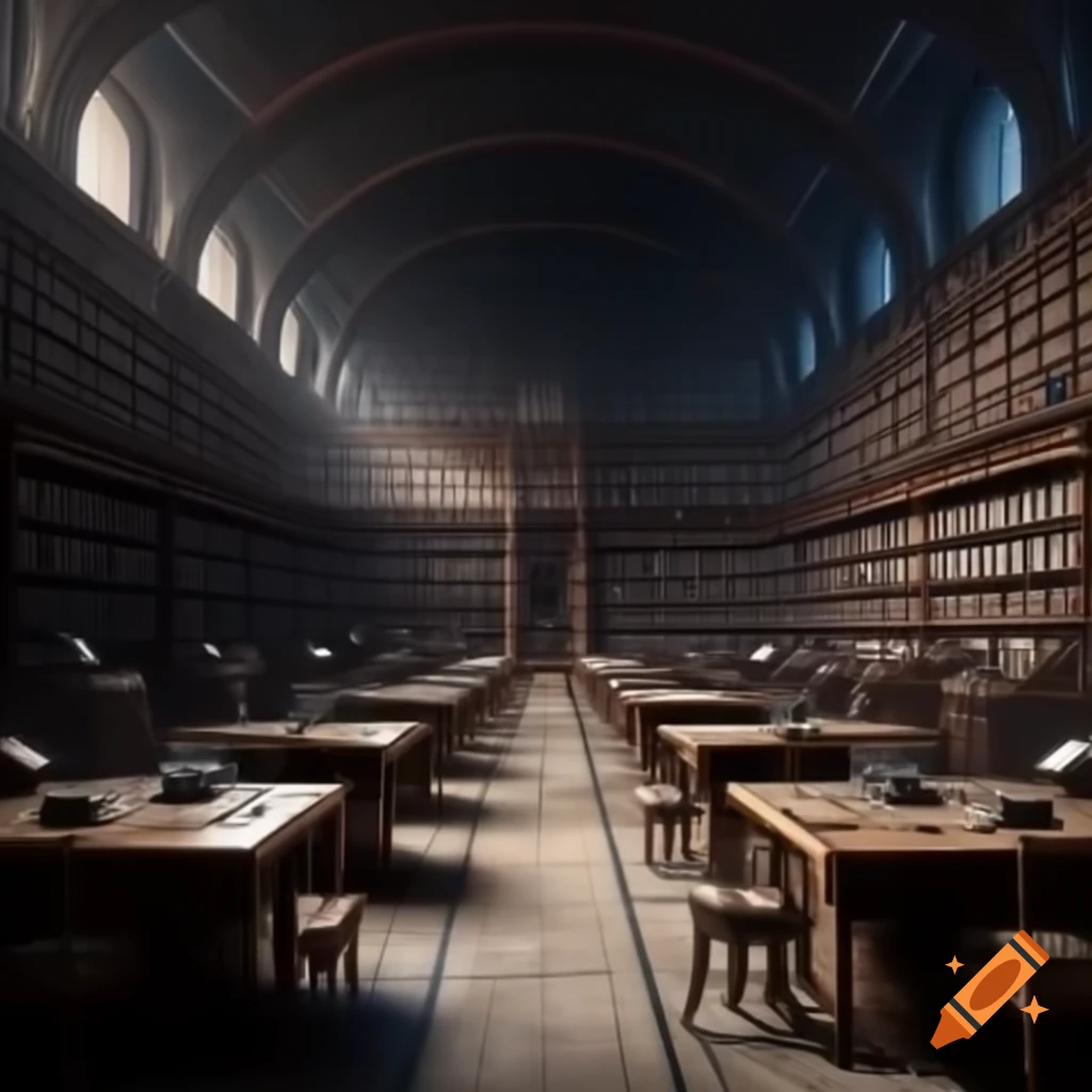 Ancient library with desks blending futuristic elements