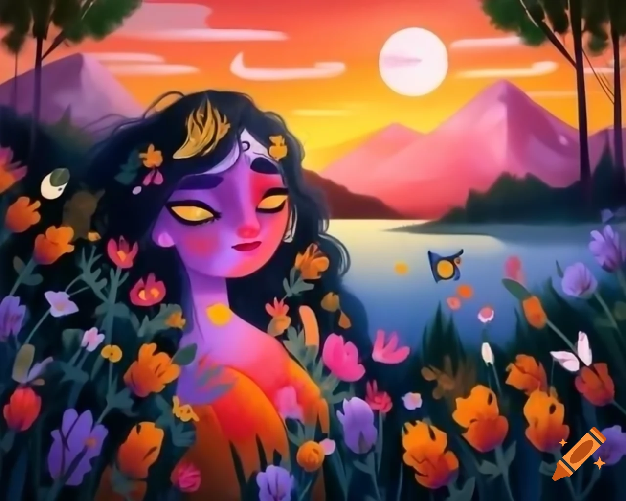 Enchanting colorful-haired woman with wildflowers and butterflies in hair during stunning sunset