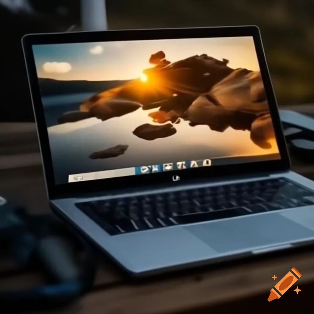 Hyper-realistic 8k image of a laptop during sunset