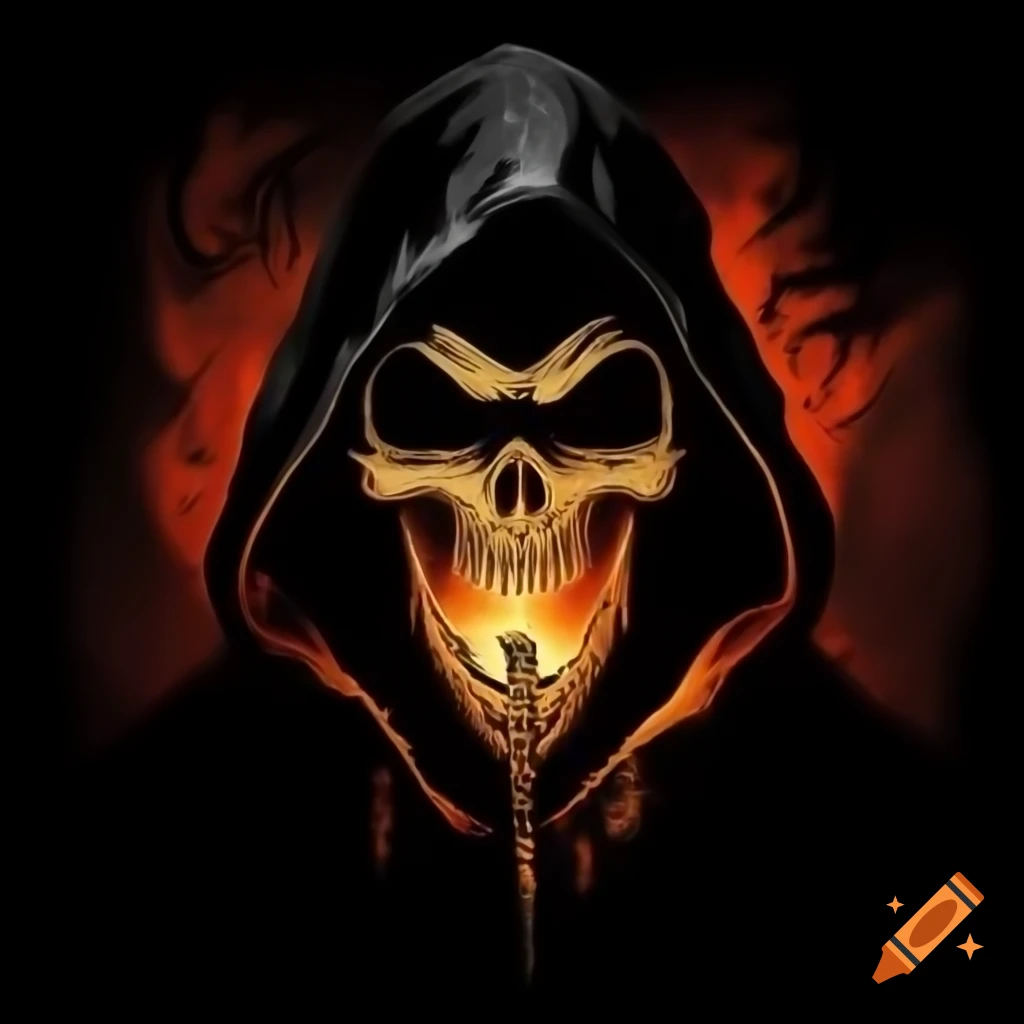 Silhouette of reaper in hood surrounded by flames