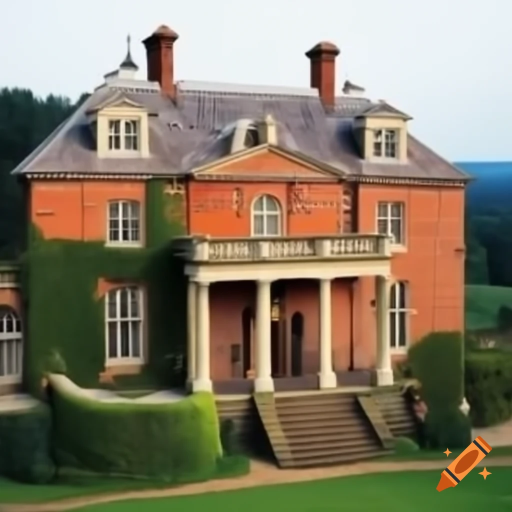 19th century red brick manor partially covered by ivy with square pillars