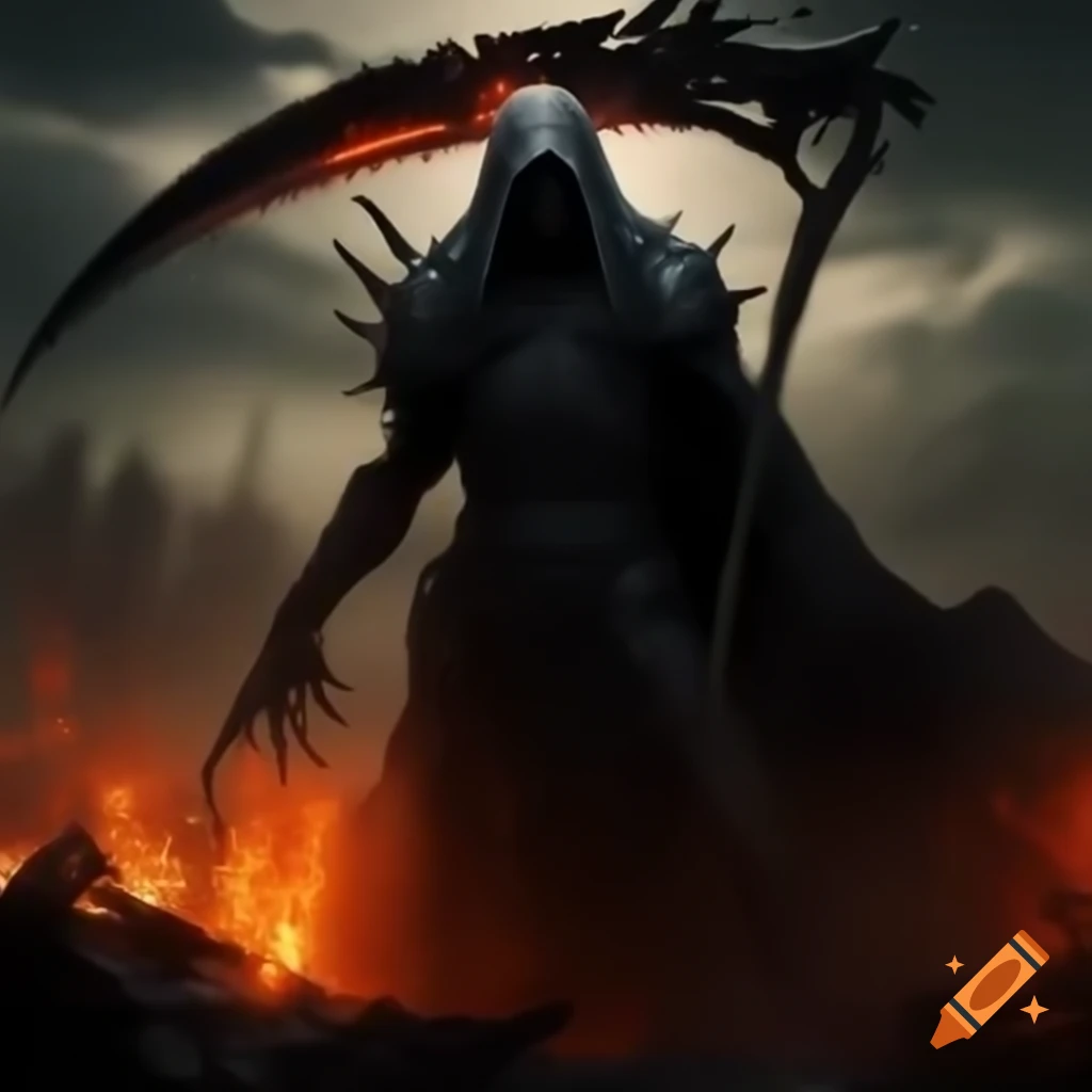 Shadowy wraith with skeletal hand and scythe in apocalyptic fiery twilight