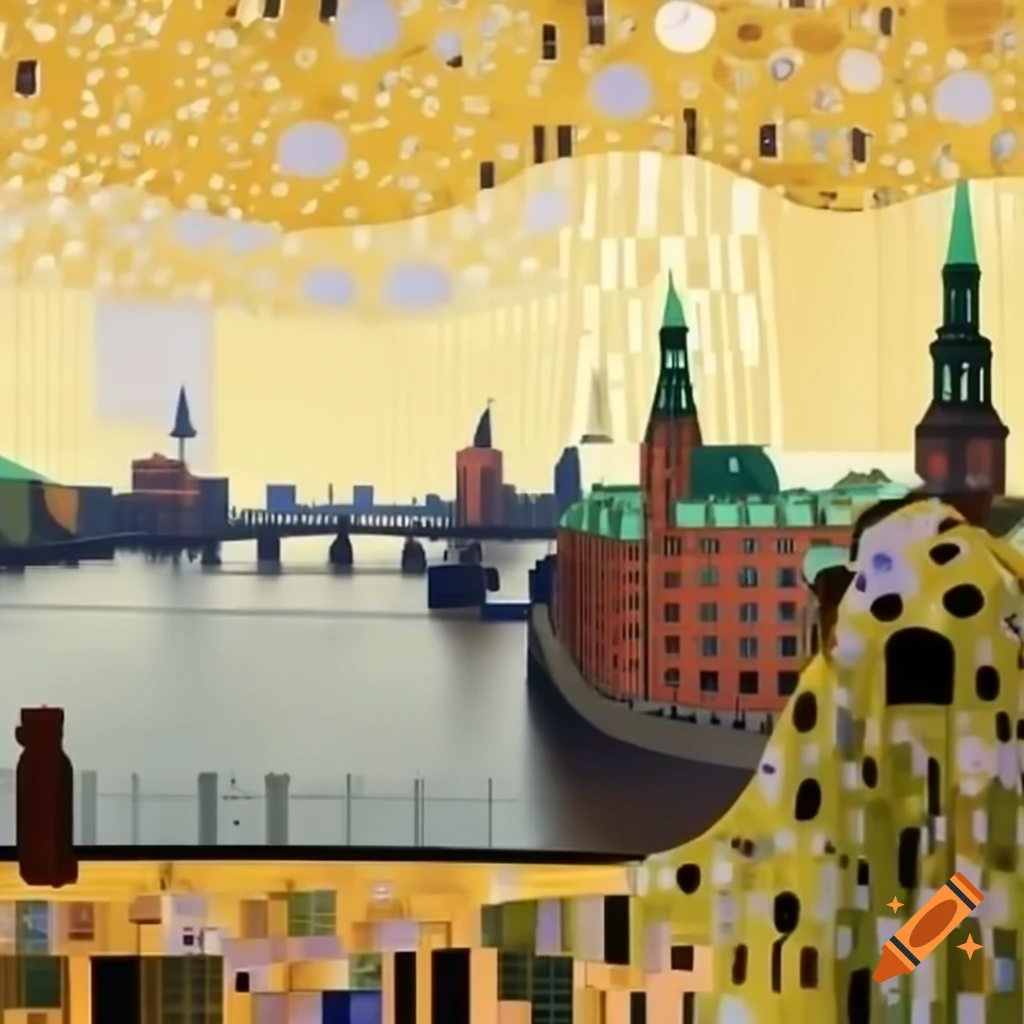 Hamburg skyline illustrated in Klimt's artistic style