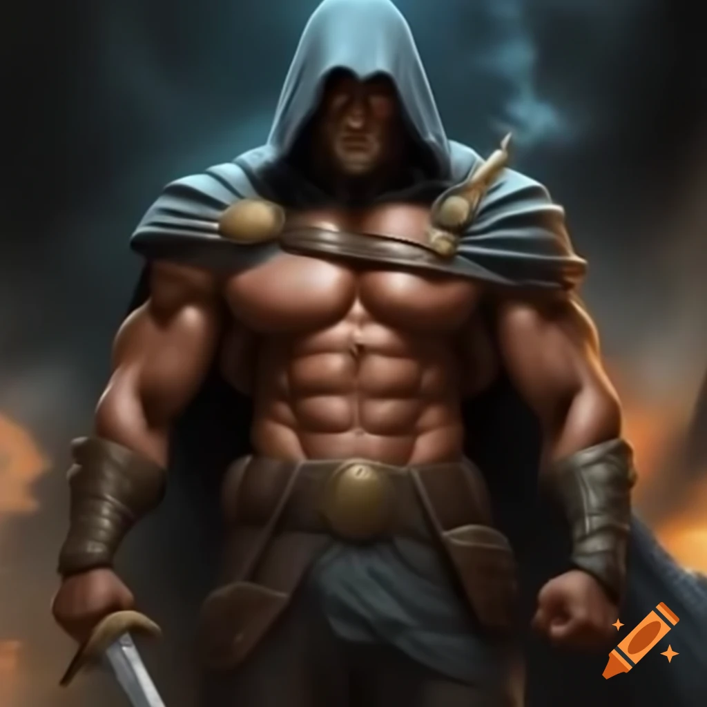 Muscle-bound hero wearing a cape and wielding a sword