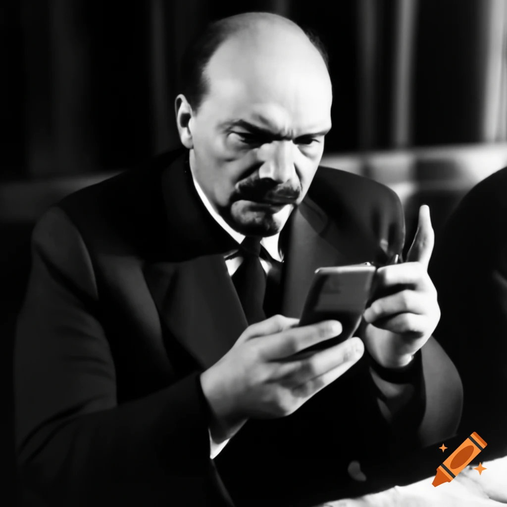 Vladimir Lenin holding smartphone with a fearful expression
