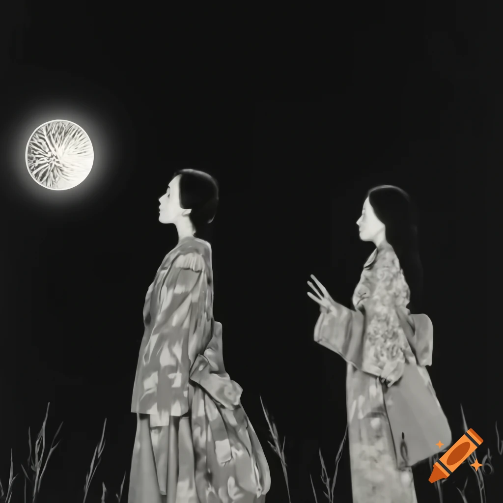 Women in ocean under full moon, inspired by Michelangelo and biopunk styles