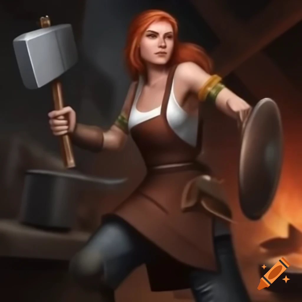 Female blacksmith warrior wearing apron, wielding shield and hammer in battle