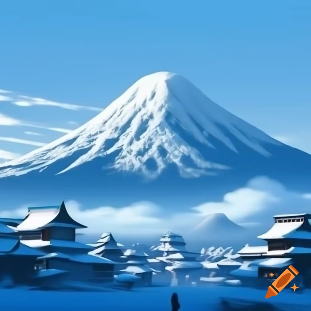 Japanese snow mountain with frosty village in Ukiyo-e style, foggy and misty