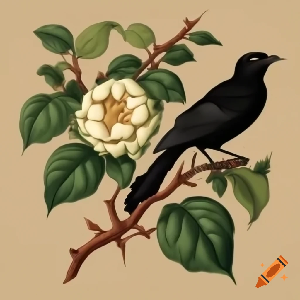 Art nouveau illustration of thorny quince flower branch with black bird