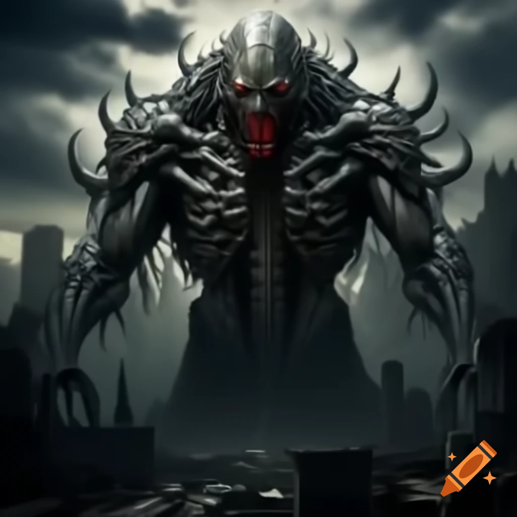 Horror-themed AI entity looming over a city in ruins