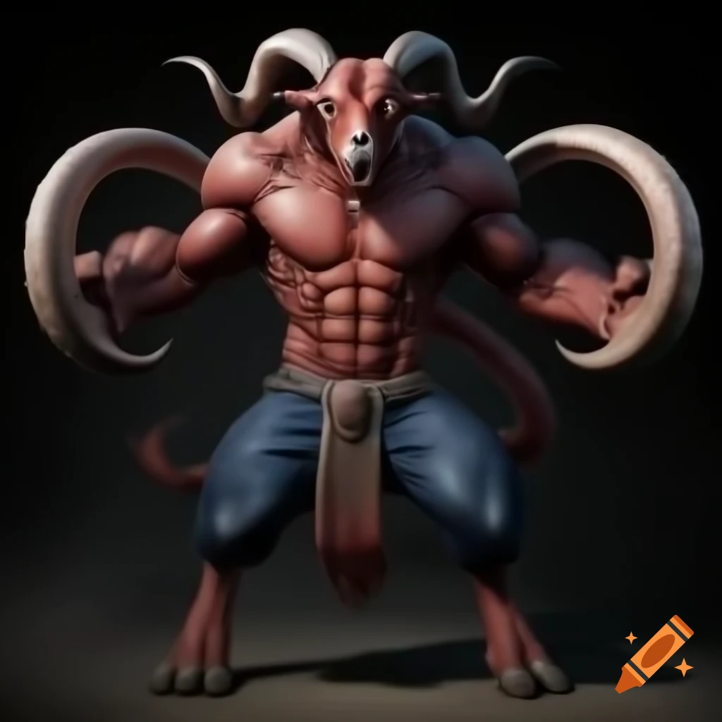 Powerful goat-headed demon with large horns and muscular legs in a standing posture