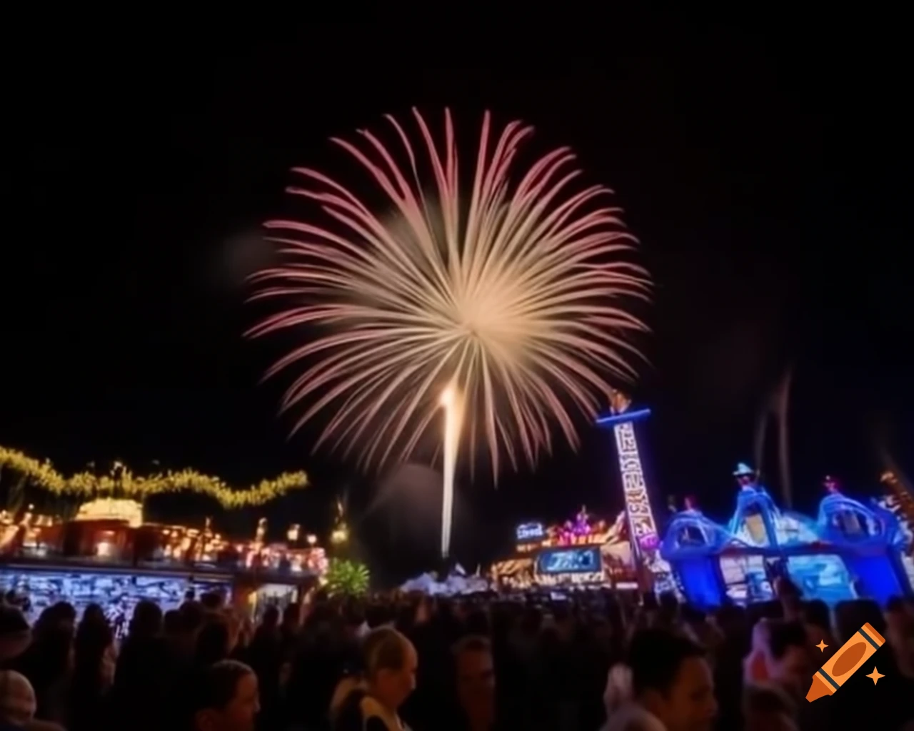 Amusement park illuminated by full moon and fireworks in dark sky