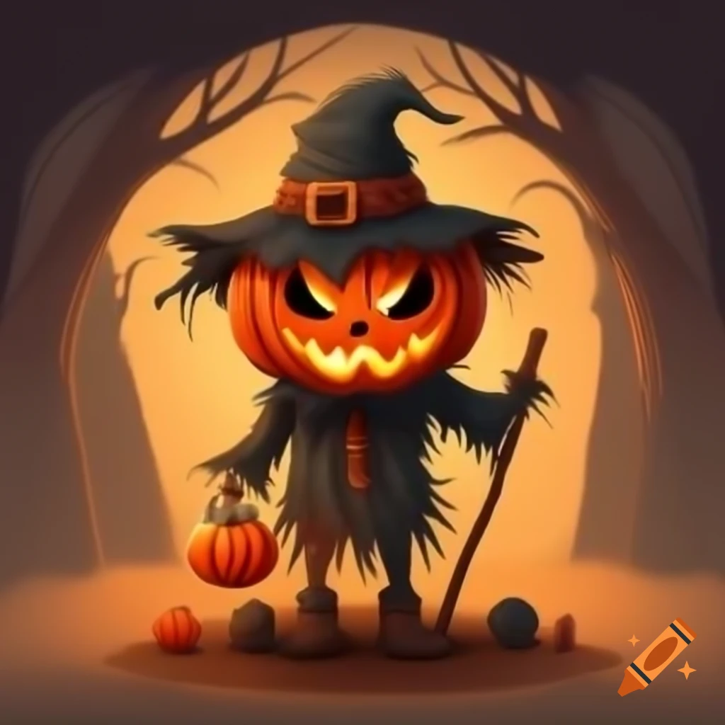 Cartoon scarecrow with jack o'lantern head dressed as anesthesiologist