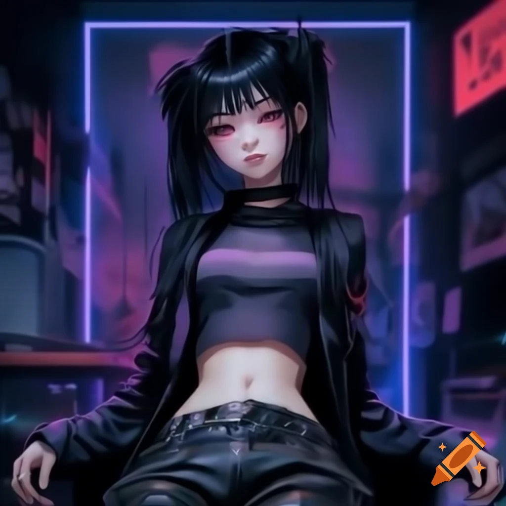 Punk-inspired young woman in dystopian fashion with lowrise pants and crop top
