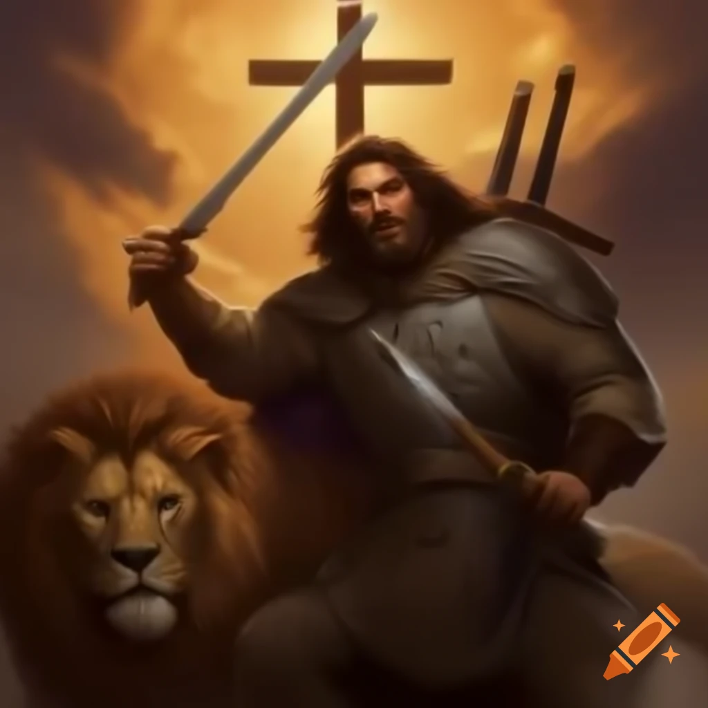 Christian warrior with sword beside lion and cross background