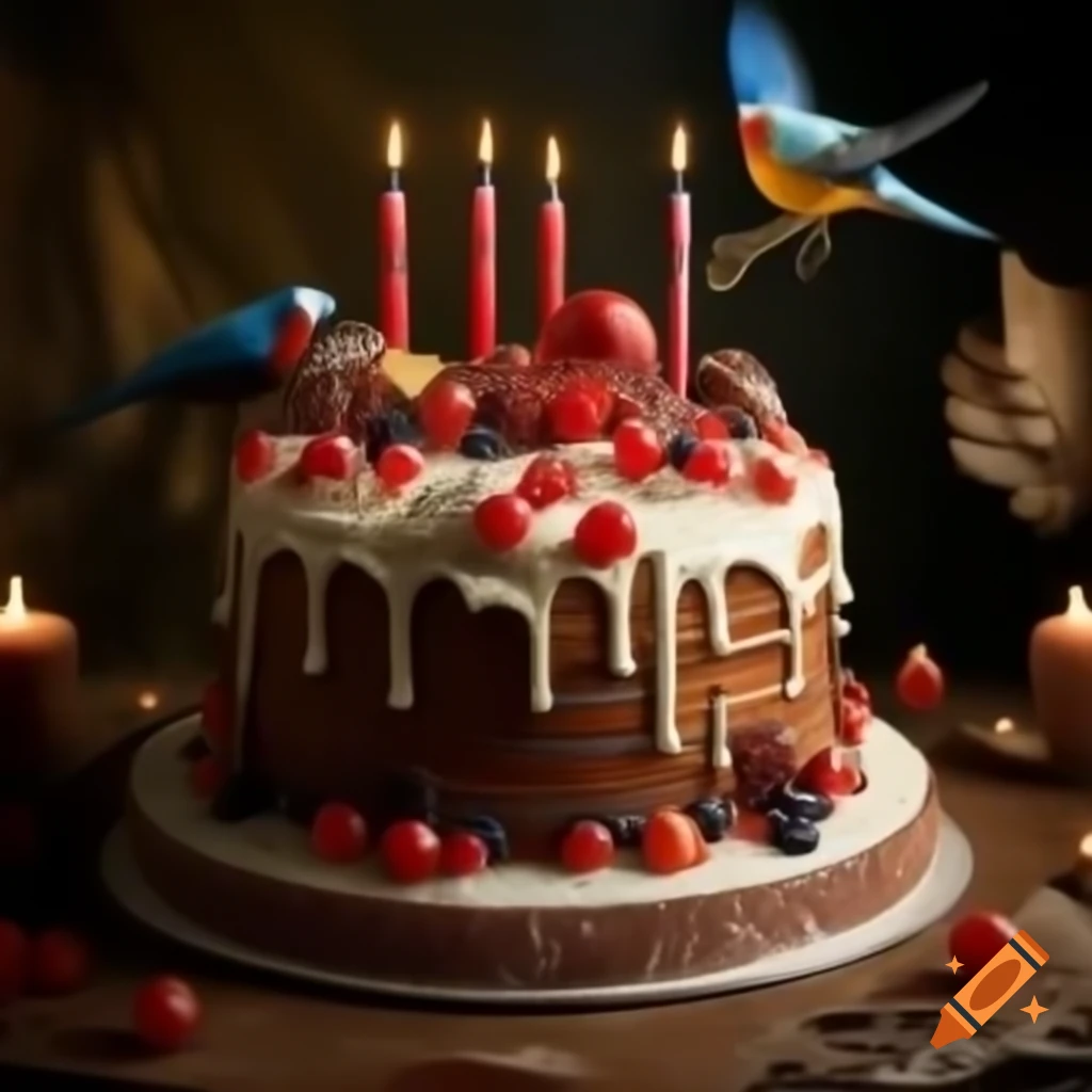 Spectacular cake with candles, birds, red fruit in baroque ambiance