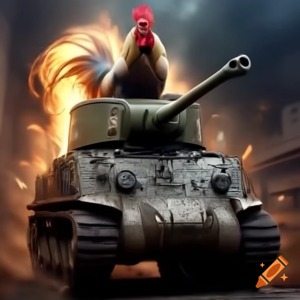 Rooster soldier on Sherman tank firing at zombies