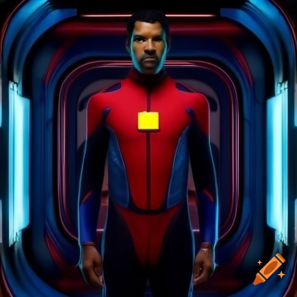 Denzel Washington in futuristic suit featuring red, black, and blue patterns