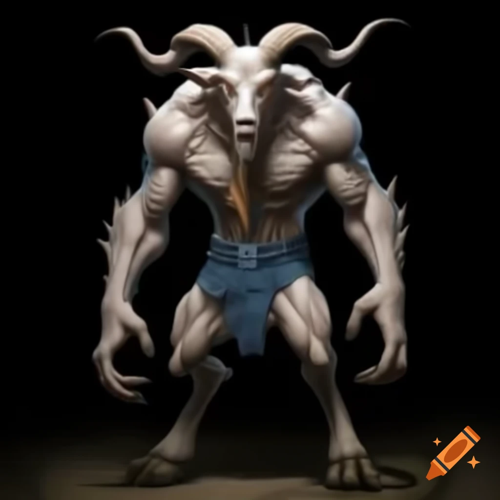 Realistic depiction of a strong goat-headed demon with large horns and muscular build