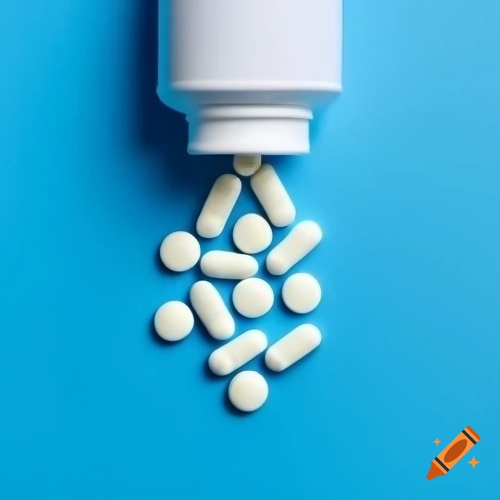Pills spilling from a bottle isolated on blue background, medicine concept