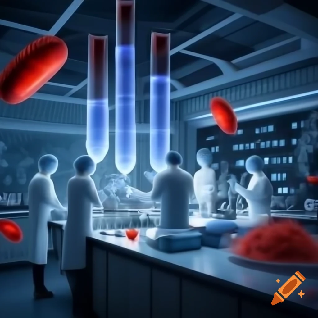 Researchers in futuristic pathology laboratory with test tubes and DNA models