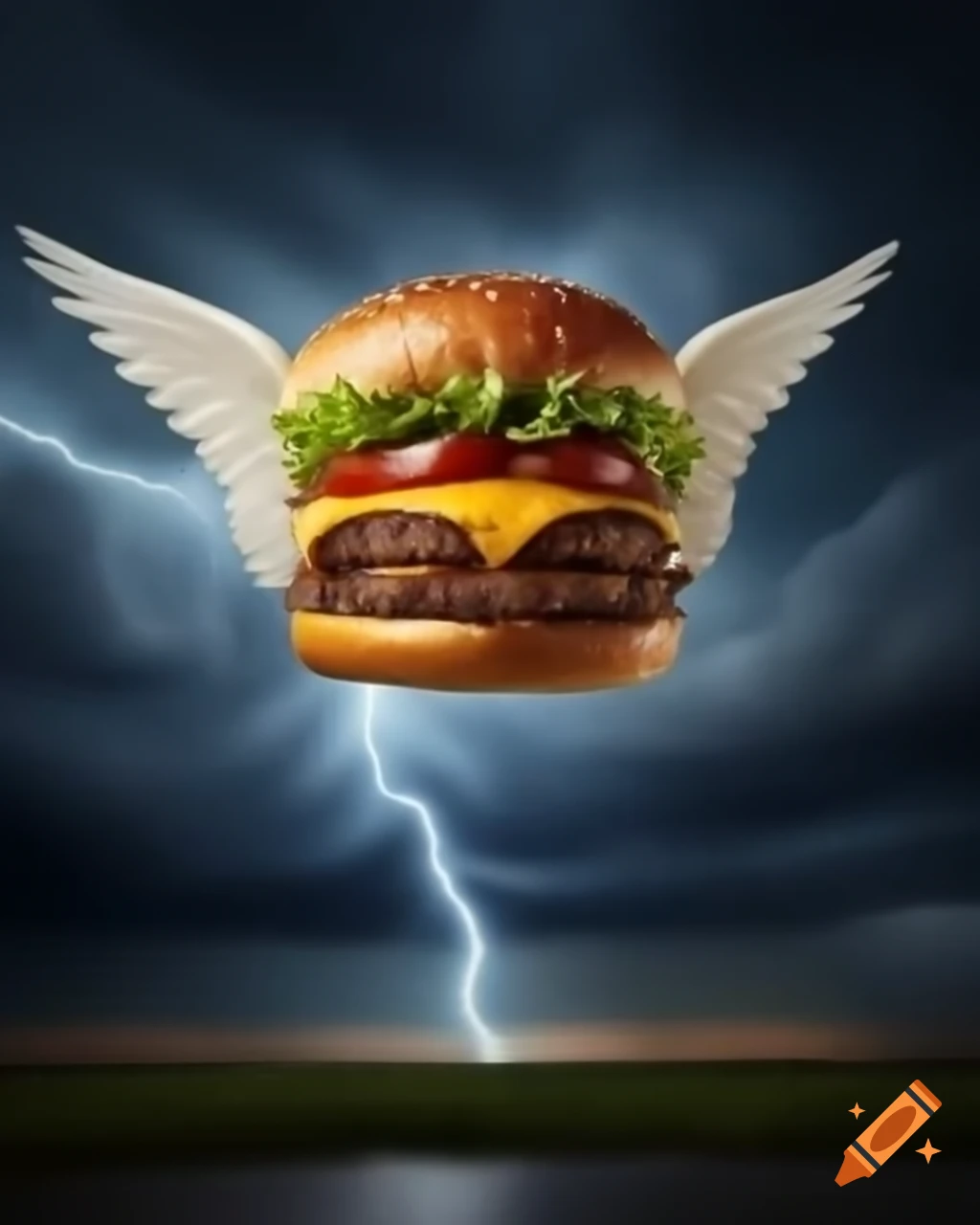 Cheeseburger with angel wings in stormy sky with lightning