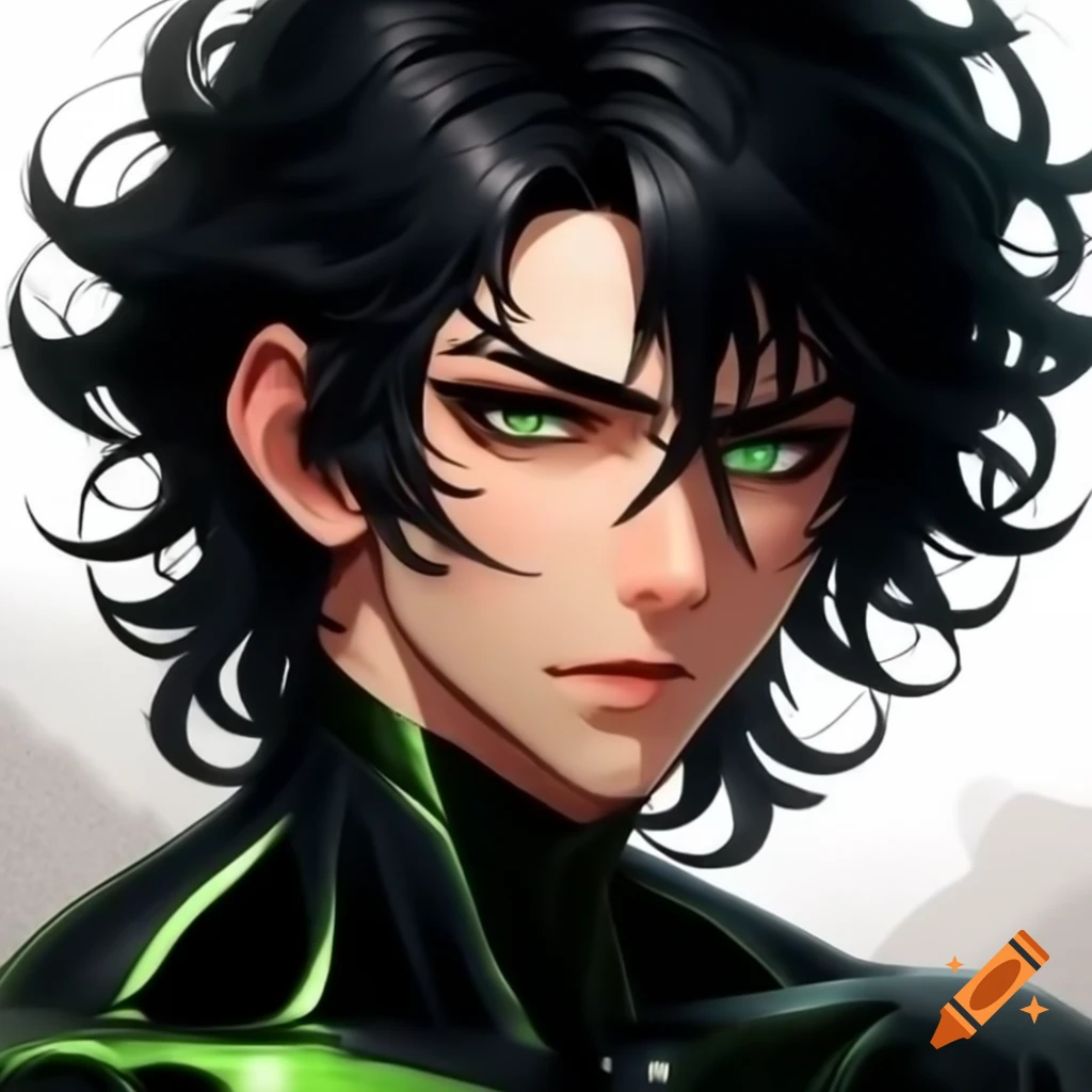 Anime male character with shoulder-length curly black hair in black suit and brownish green eyes