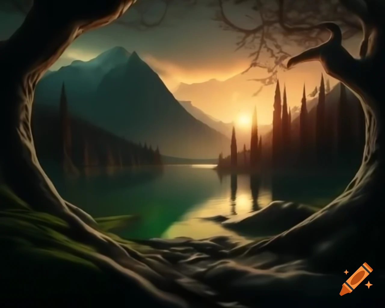 Tree monster in dark fantasy forest near mountain lake