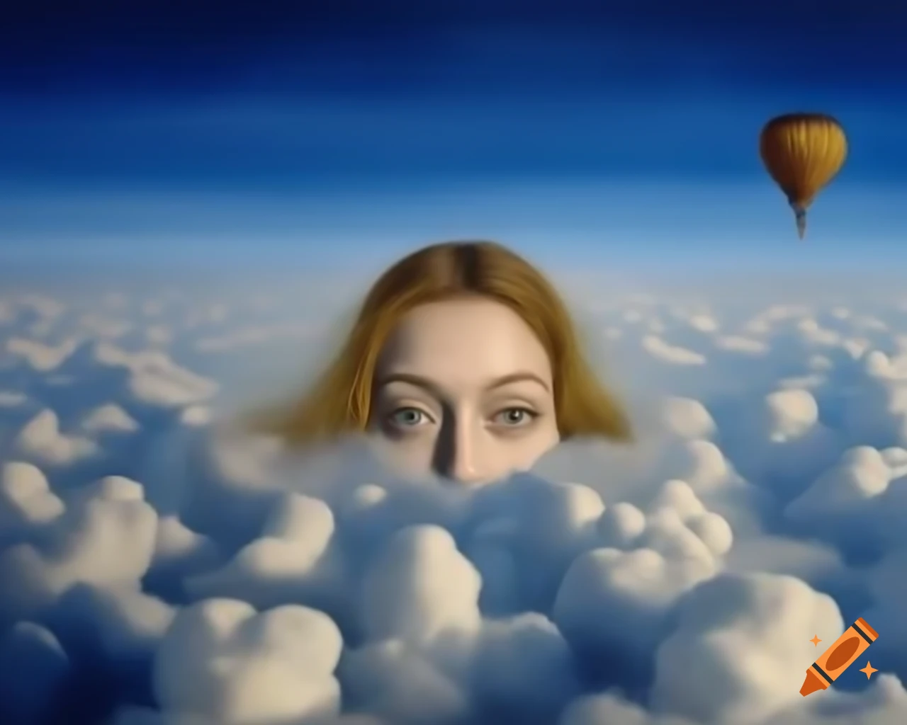 Surreal painting of woman's head with long hair in clouds and hot air balloon