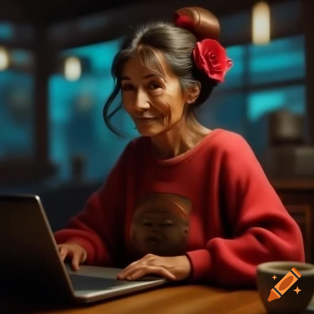 Middle aged woman laughing in red sweatshirt at 90s style computer in Japanese internet cafe