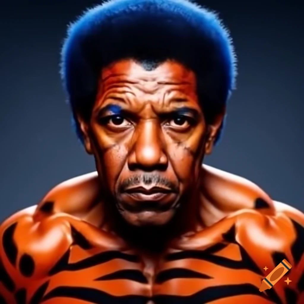 Muscular figure with tiger-style makeup featuring blue hair and orange skin with black stripes