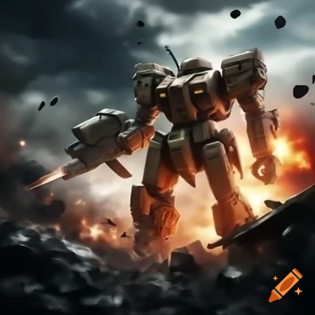 Giant mecha using shield to block explosion