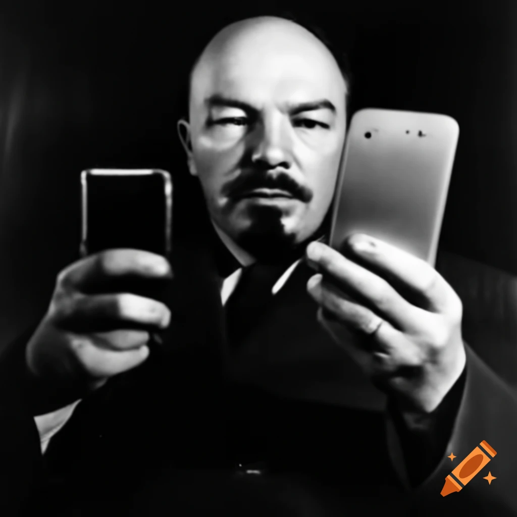 Vladimir Lenin holding smartphone with a fearful expression