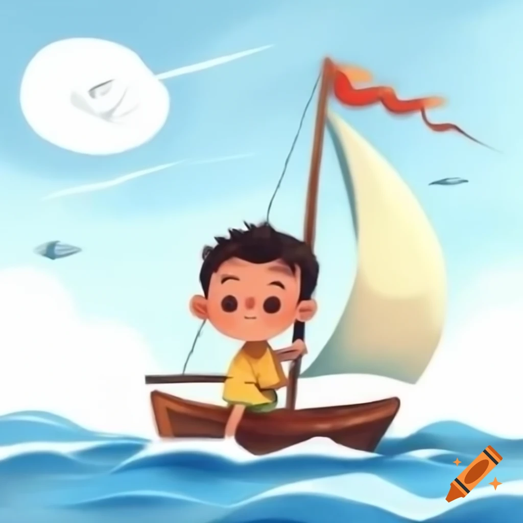 Cute boy sailing on the sea in a simple drawing