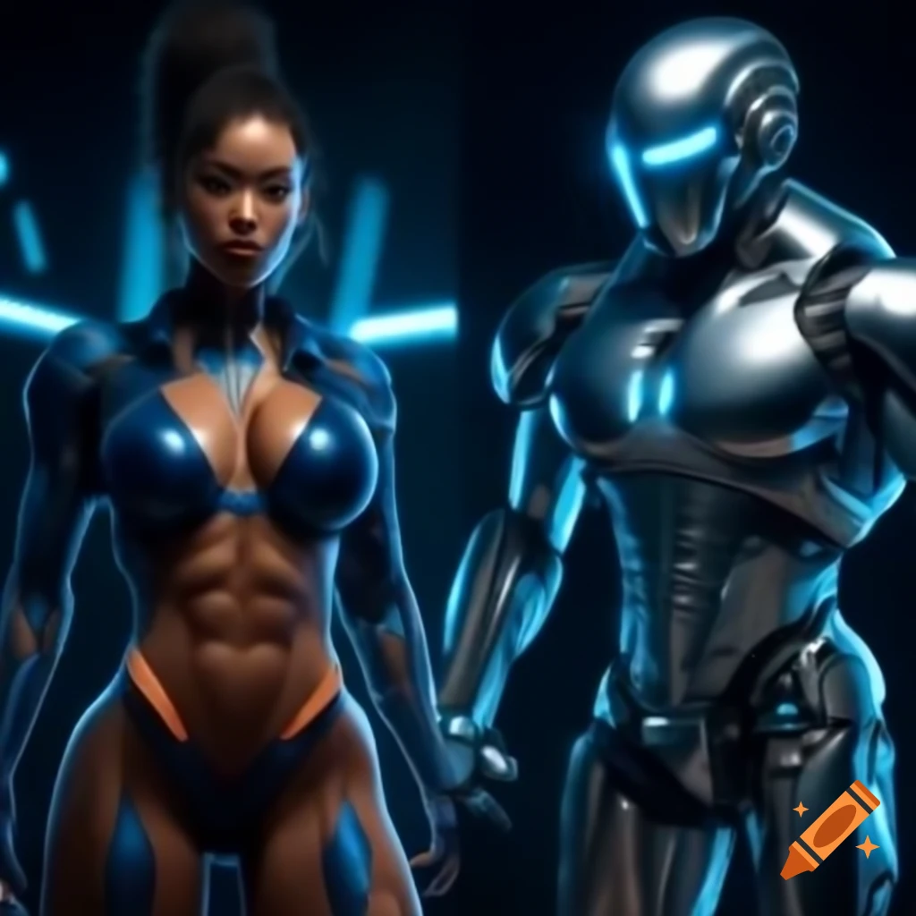 Futuristic couple with cyborg enhancements strategizing in stardust