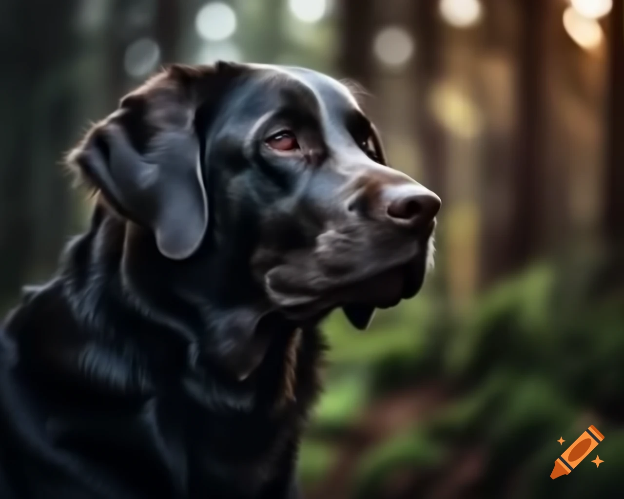 Hyperrealistic black Labrador Retriever in forest with trees, displaying dark brown eyes