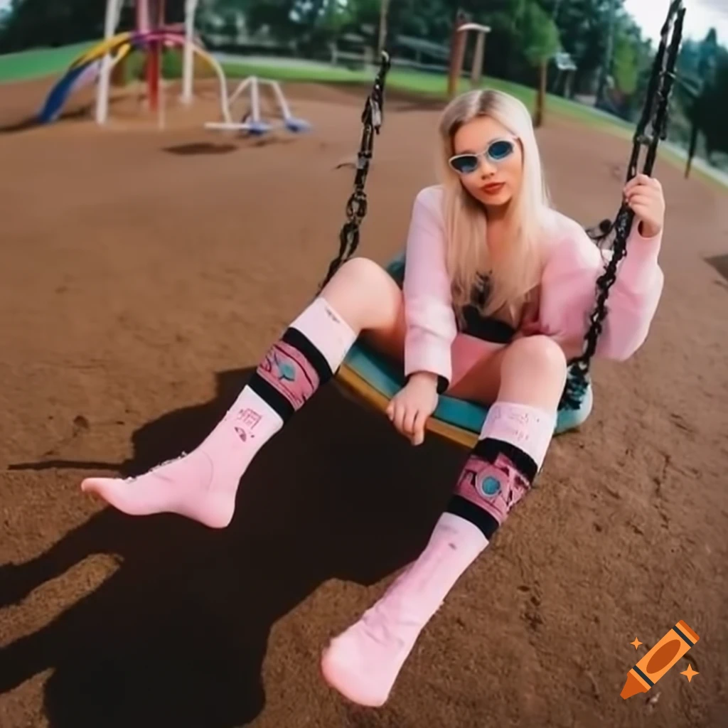 Woman swinging in playground wearing pink and white socks with blue eye shadow
